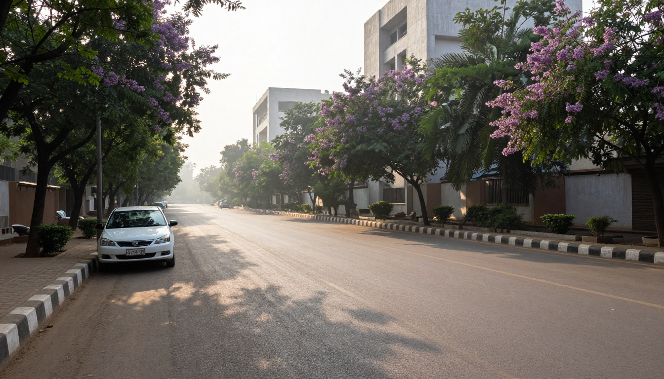 An empty tree lined avenue in Chandigarh at sunrise with a white sedan parked at the kerb, the best time to start the drive to Shimla
