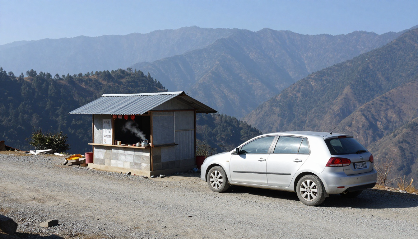A silver hatchback parked beside a small roadside tea stall on a Himalayan mountain road, with pine covered ridges in the distance